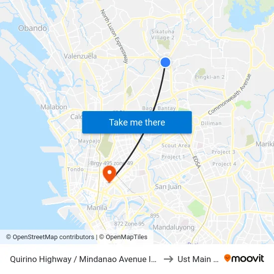 Quirino Highway / Mindanao Avenue Intersection, Quezon City to Ust Main Building map