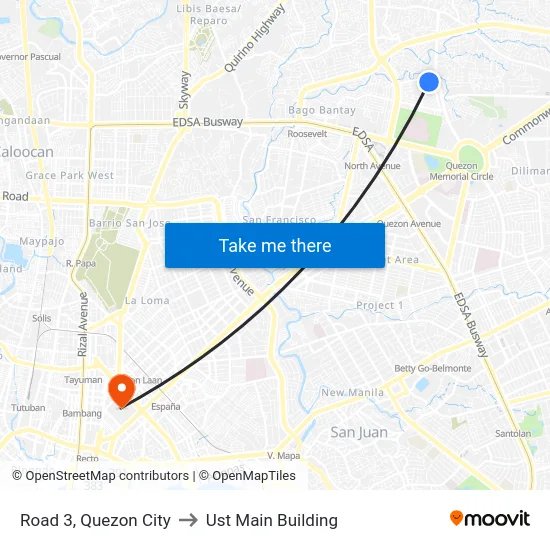 Road 3, Quezon City to Ust Main Building map