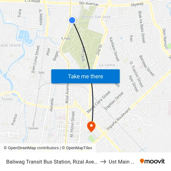 Baliwag Transit Bus Station, Rizal Avenue, Caloocan City to Ust Main Building map