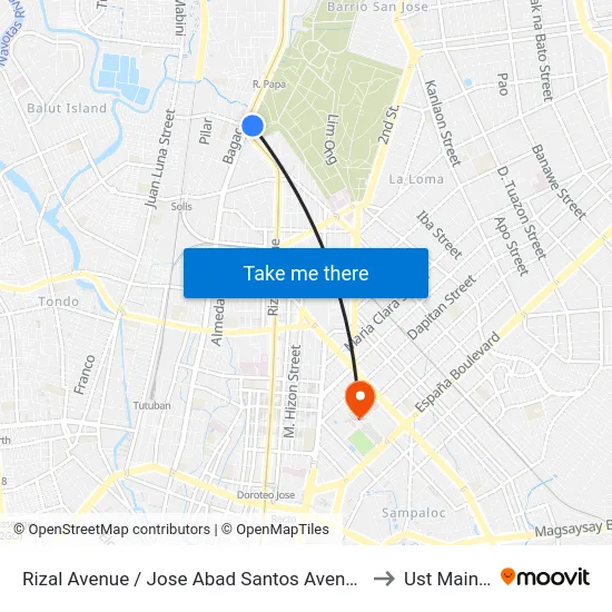 Rizal Avenue / Jose Abad Santos Avenue Interchange, Caloocan City to Ust Main Building map