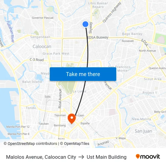 Malolos Avenue, Caloocan City to Ust Main Building map