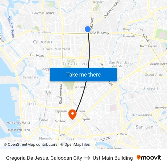 Gregoria De Jesus, Caloocan City to Ust Main Building map