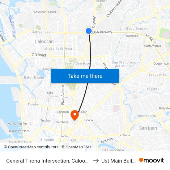 General Tirona Intersection, Caloocan City to Ust Main Building map
