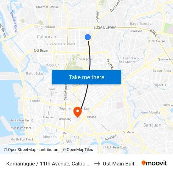 Kamantigue / 11th Avenue, Caloocan City to Ust Main Building map