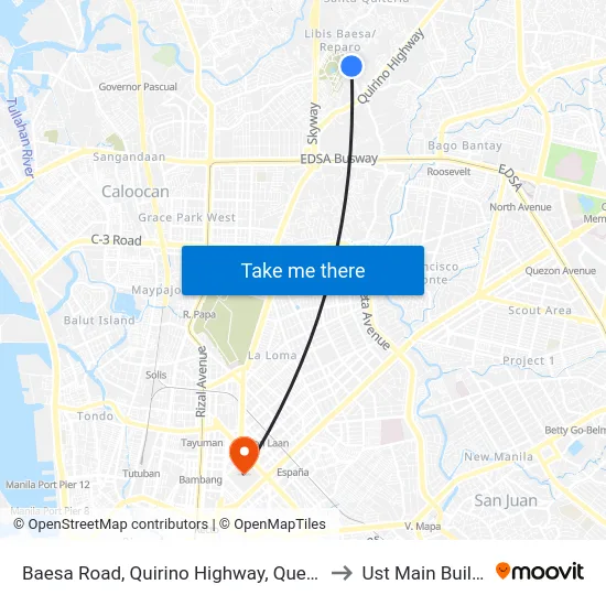 Baesa Road, Quirino Highway, Quezon City to Ust Main Building map