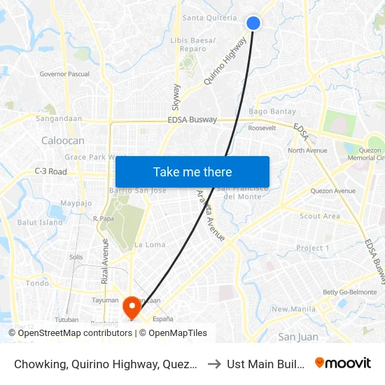 Chowking, Quirino Highway, Quezon City to Ust Main Building map
