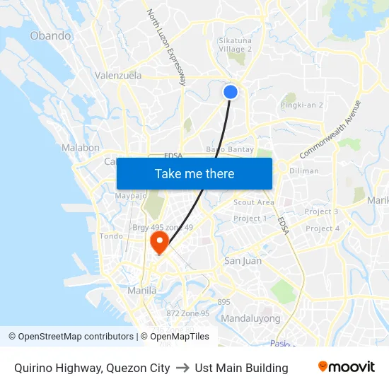Quirino Highway, Quezon City to Ust Main Building map