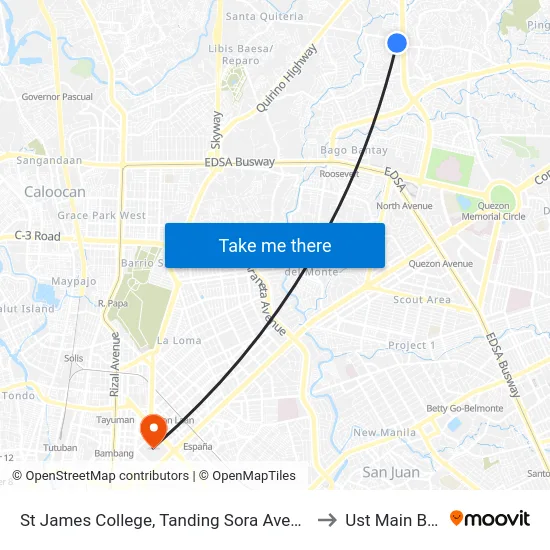 St James College, Tanding Sora Avenue, Quezon City to Ust Main Building map