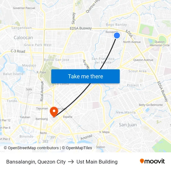 Bansalangin, Quezon City to Ust Main Building map