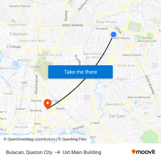 Bulacan, Quezon City to Ust Main Building map