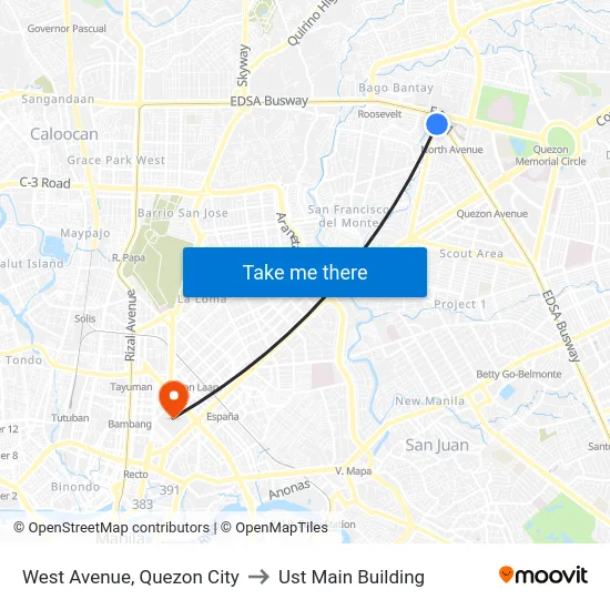 West Avenue, Quezon City to Ust Main Building map