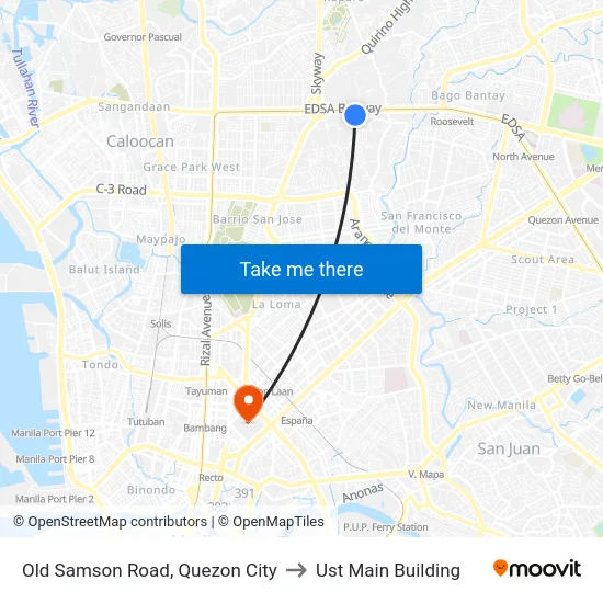 Old Samson Road, Quezon City to Ust Main Building map