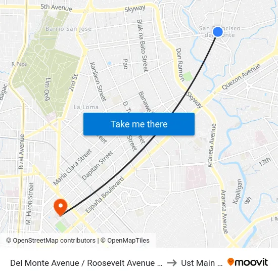 Del Monte Avenue / Roosevelt Avenue Intersection, Quezon City to Ust Main Building map