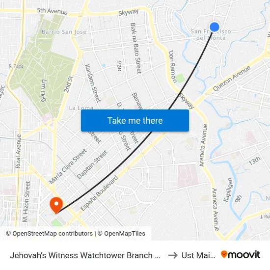 Jehovah's Witness Watchtower Branch Office, Roosevelt Avenue, Quezon City to Ust Main Building map