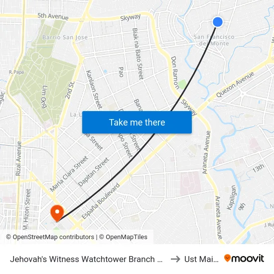 Jehovah's Witness Watchtower Branch Office, Roosevelt Avenue, Quezon City to Ust Main Building map