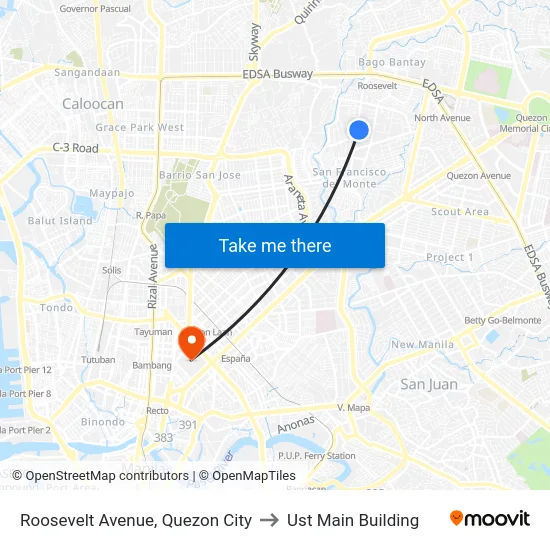 Roosevelt Avenue, Quezon City to Ust Main Building map