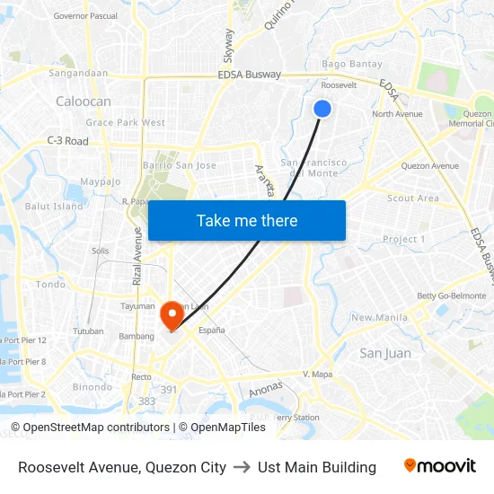 Roosevelt Avenue, Quezon City to Ust Main Building map