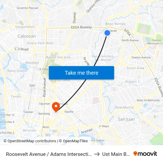 Roosevelt Avenue / Adams Intersection, Quezon City to Ust Main Building map