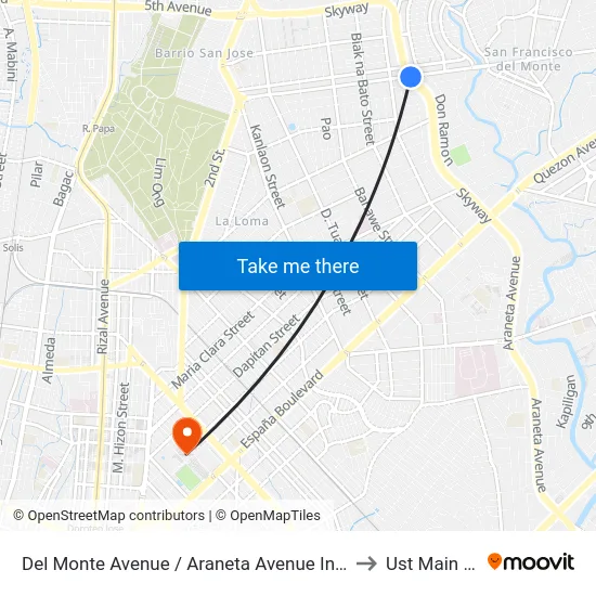 Del Monte Avenue / Araneta Avenue Intersection, Quezon City to Ust Main Building map