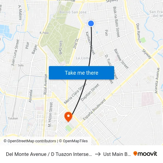 Del Monte Avenue / D Tuazon Intersection, Quezon City to Ust Main Building map