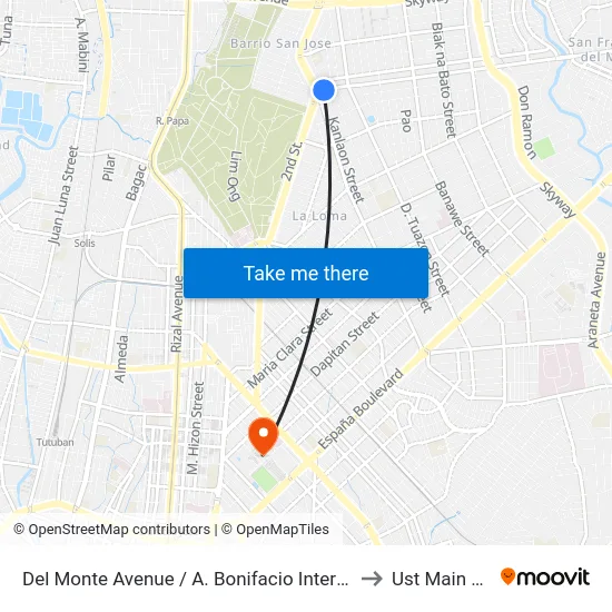 Del Monte Avenue / A. Bonifacio Intersection, Quezon City to Ust Main Building map