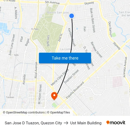 San Jose D Tuazon, Quezon City to Ust Main Building map