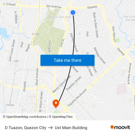 D Tuazon, Quezon City to Ust Main Building map