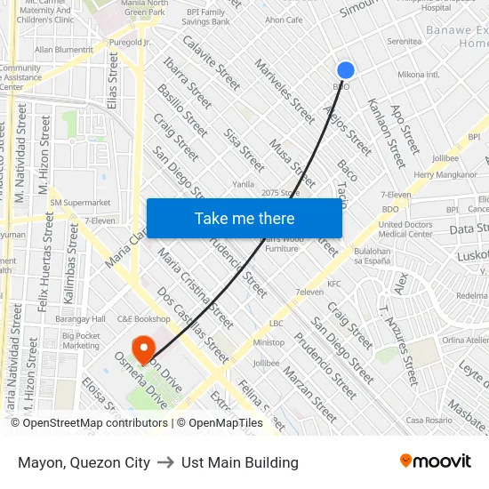 Mayon, Quezon City to Ust Main Building map