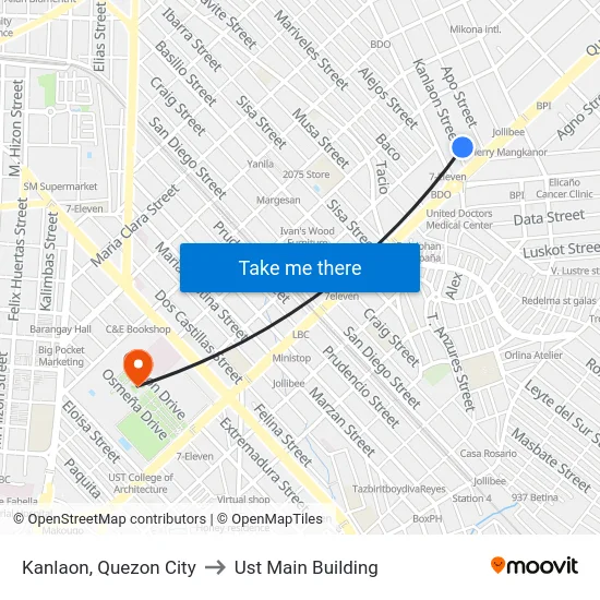 Kanlaon, Quezon City to Ust Main Building map