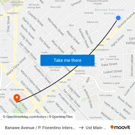 Banawe Avenue / P. Florentino Intersection, Quezon City to Ust Main Building map