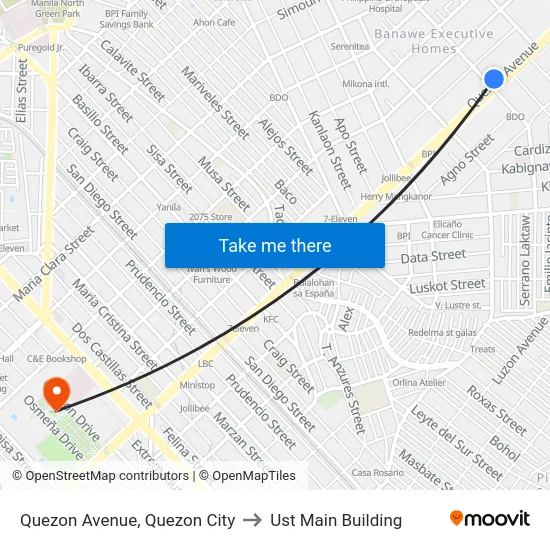 Quezon Avenue, Quezon City to Ust Main Building map