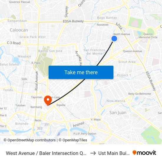 West Avenue / Baler  Intersection Quezon City to Ust Main Building map