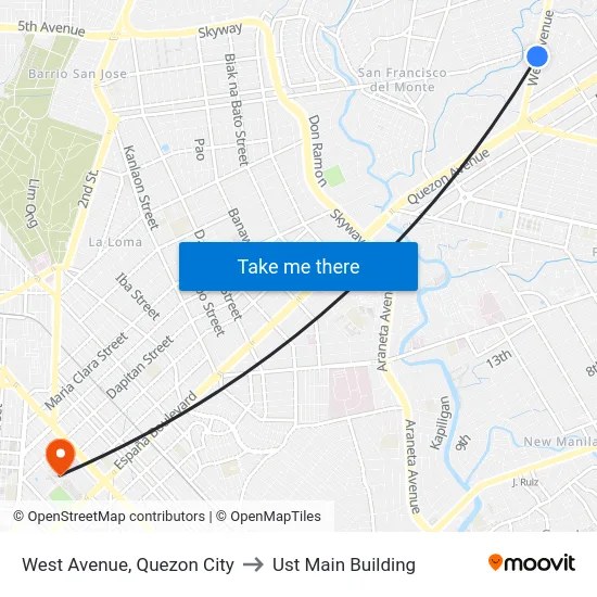 West Avenue, Quezon City to Ust Main Building map