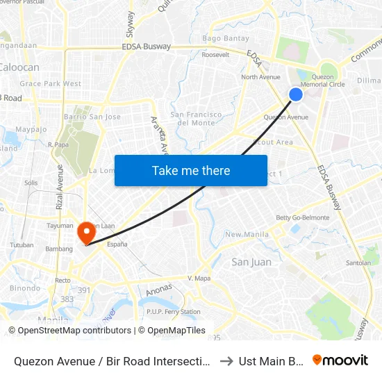 Quezon Avenue / Bir Road Intersection, Quezon City to Ust Main Building map