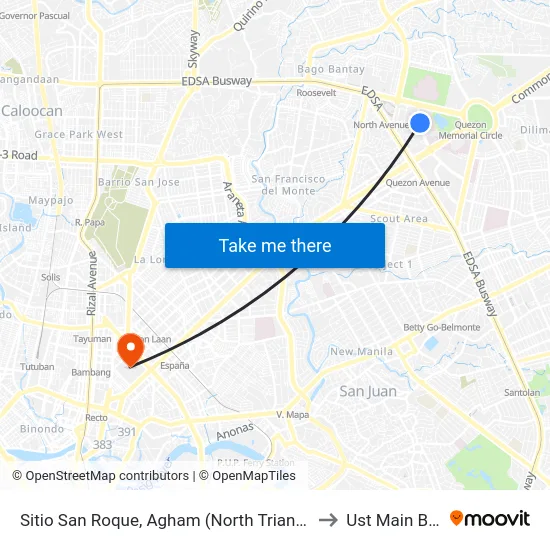 Sitio San Roque, Agham (North Triangle), Quezon City to Ust Main Building map