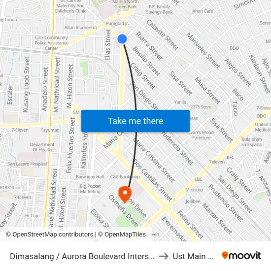 Dimasalang / Aurora Boulevard Intersection, Quezon City to Ust Main Building map