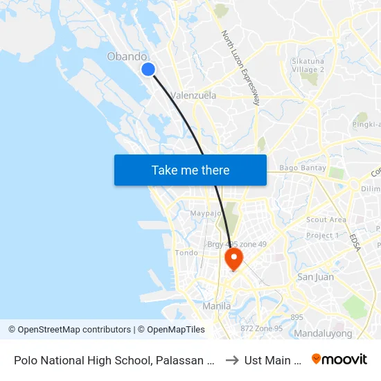 Polo National High School, Palassan Road, Valenzuela City to Ust Main Building map