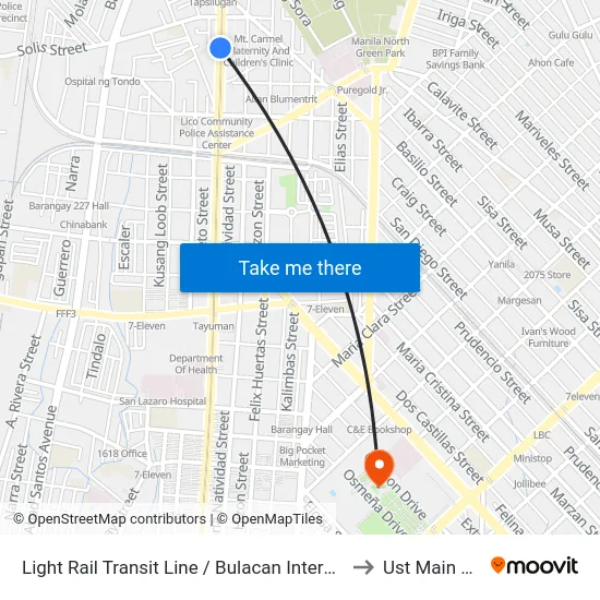 Light Rail Transit Line / Bulacan Intersection, Quezon City to Ust Main Building map