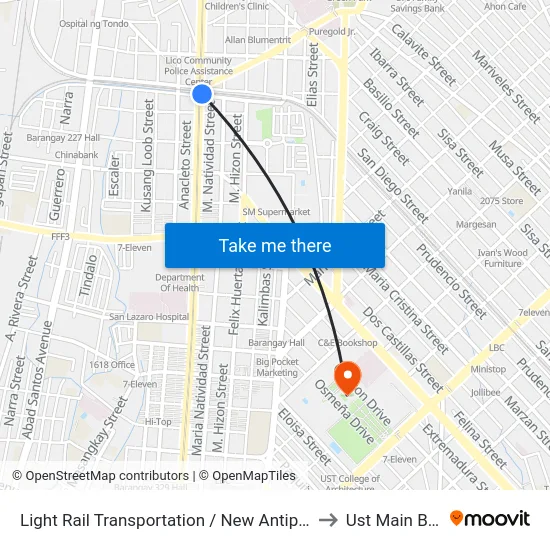 Light Rail Transportation / New Antipolo, Quezon City to Ust Main Building map