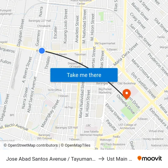 Jose Abad Santos Avenue / Tayuman Road, Quezon City to Ust Main Building map