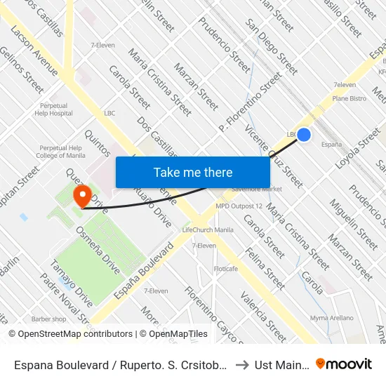 Espana Boulevard / Ruperto. S. Crsitobal Streett Intersection, Manila to Ust Main Building map