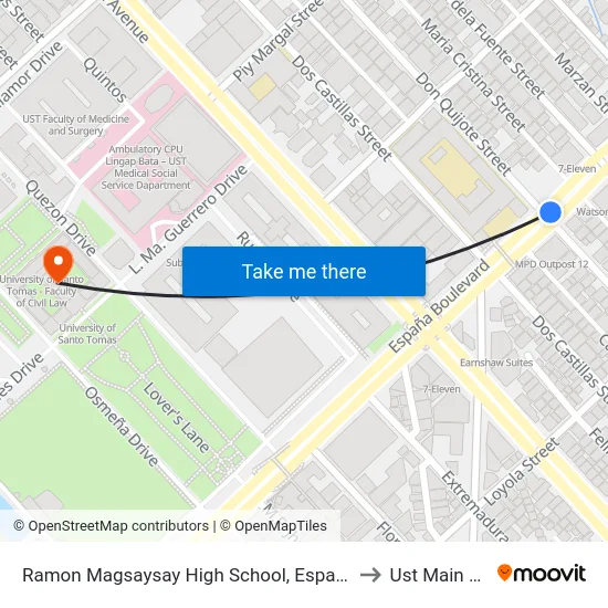 Ramon Magsaysay High School, Espana Boulevard, Manila to Ust Main Building map