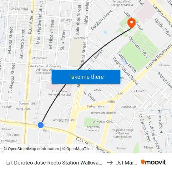 Lrt Doroteo Jose-Recto Station Walkway / Rizal Avenue Intersection, Manila to Ust Main Building map