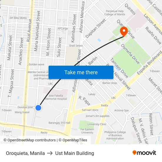 Oroquieta, Manila to Ust Main Building map