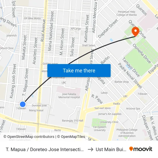 T. Mapua / Doreteo Jose Intersection, Manila to Ust Main Building map
