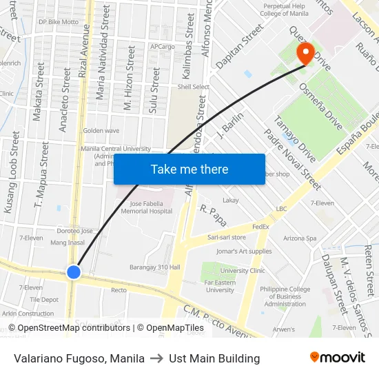 Valariano Fugoso, Manila to Ust Main Building map