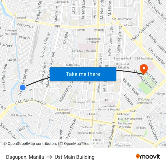 Dagupan, Manila to Ust Main Building map