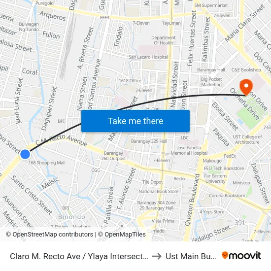 Claro M. Recto Ave / Ylaya Intersection, Manila to Ust Main Building map