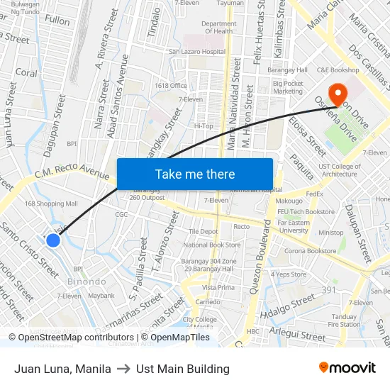 Juan Luna, Manila to Ust Main Building map