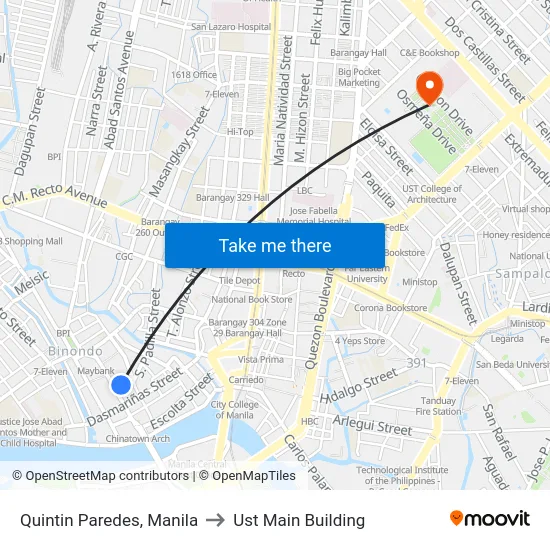 Quintin Paredes, Manila to Ust Main Building map